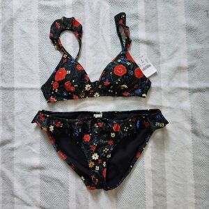 NWT J Crew Swim Black Floral Print Lined Ruffle Bikini Set